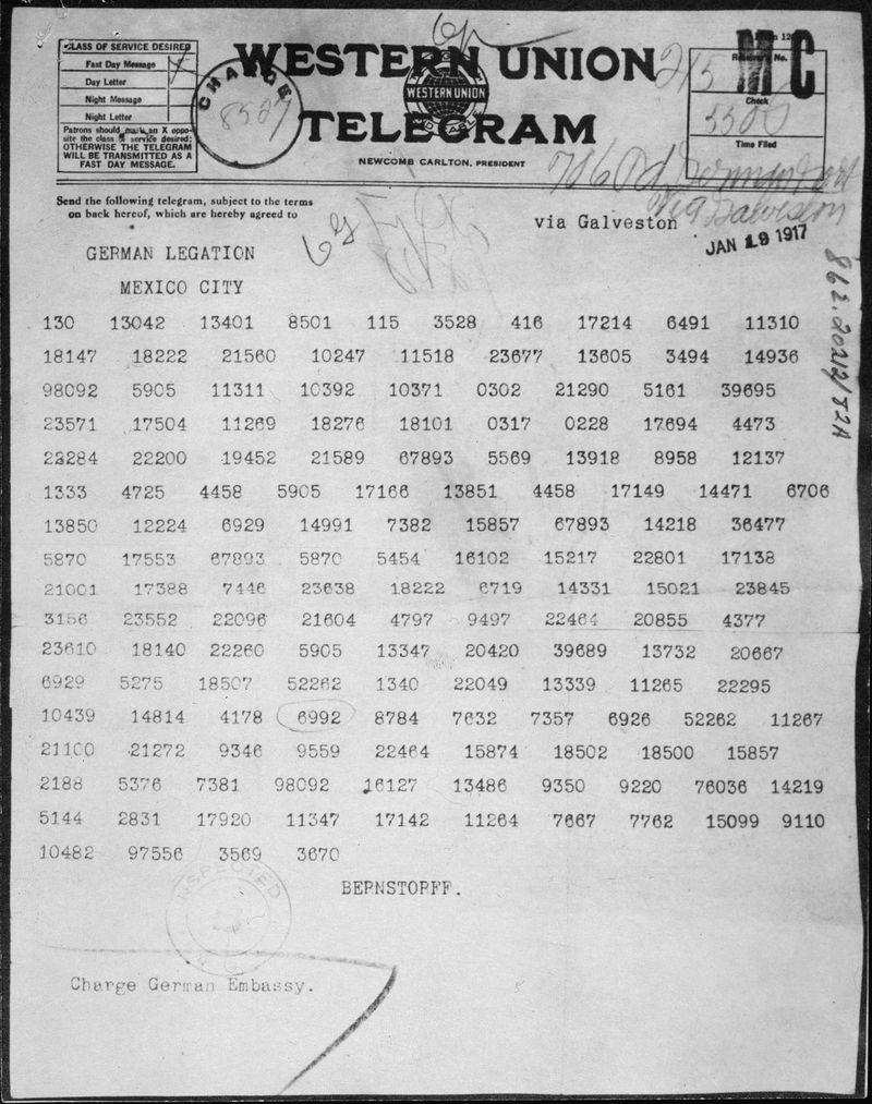 1917 – Zimmermann Telegram Delivered to the U.S. Ambassador