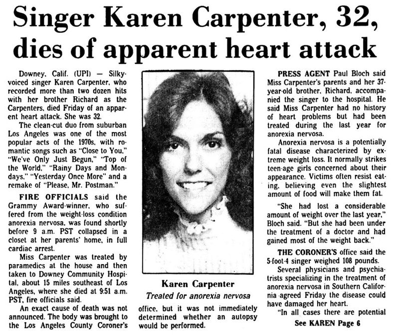 1983 – Singer Karen Carpenter Dies of Heart Failure Due to Anorexia