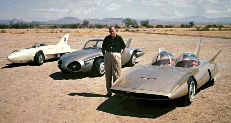 GM design boss Harley Earl with 3 very futuristic concept cars