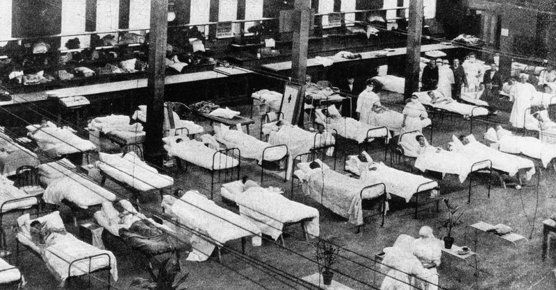 With doctors and nurses depleted by World War I, many hospitals were overwhelmed, leading to schools, private homes, and public buildings being converted into makeshift wards, often staffed by medical students