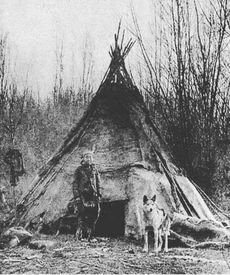 One of the earliest photos of a Native American with a wolf (circa late 19th – early 20th century)