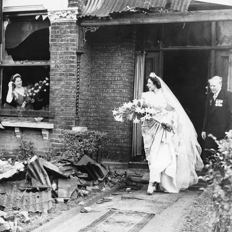 Bride leaving her bombed house for her wedding (London Blitz, November 4, 1940)