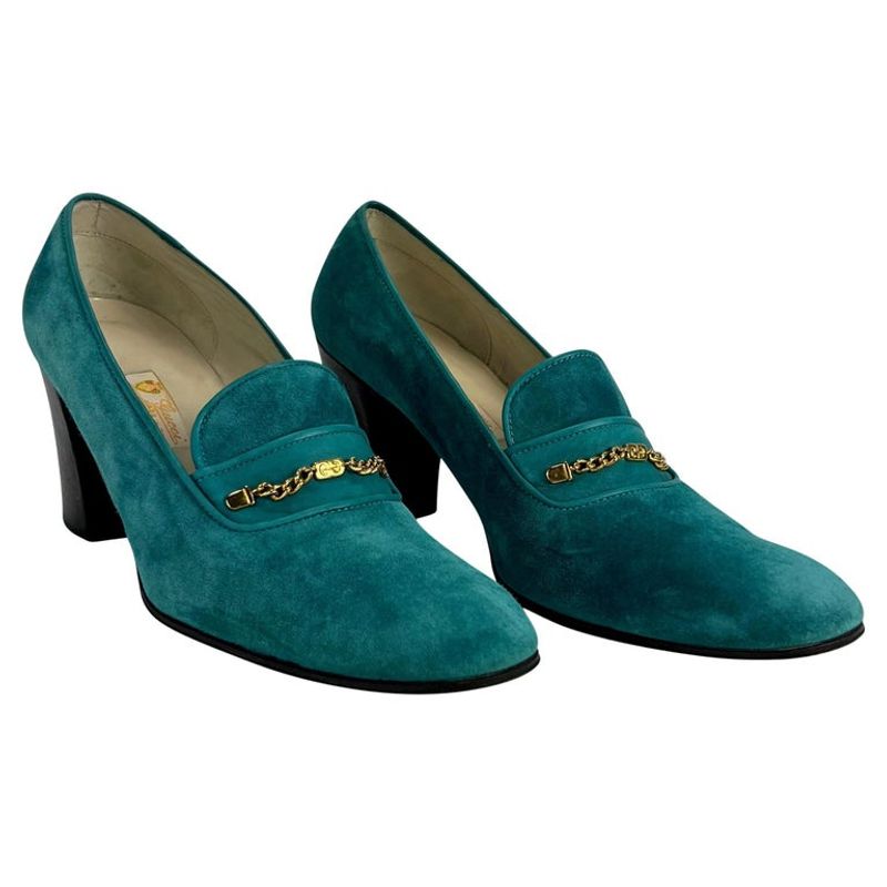 Gucci GG Logo Chain Suede Teal Loafer Block Heels