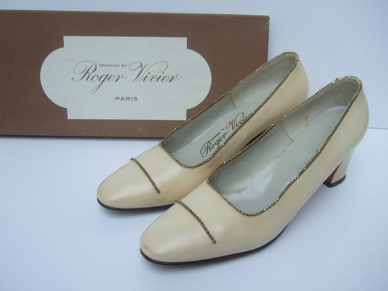 Roger Vivier Paris Ivory Leather Beaded Pumps (circa 1970)