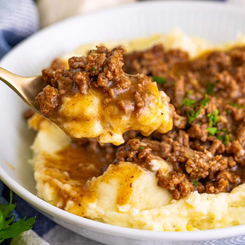 Hamburger Gravy over Mashed Potatoes